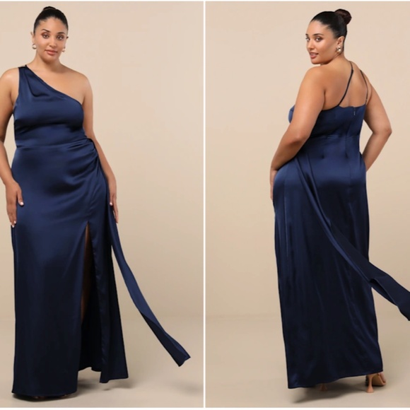 LULU's Sexy Prom Wedding Bridesmaid Chic Flirty Satin One Shoulder Elegant Maxi - Picture 7 of 7